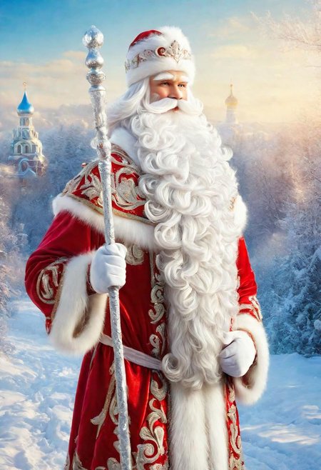 ((best quality)), ((masterpiece)), detailed soft oil painting, detailed background, soft edge lighting, professional, ultra quality, 4k,(masteriece, best quality, 8k, ultra highres, highres:1.4), extremely detailed, 
((a strong man of 60 years old with a long snow-white beard in the image of Russian, slavic Ded Moroz)) 
(standing:2) (full body photo:2) in the snowy forest, 
stands in a snowy forest among snow-covered fir trees, 
in a white fur coat trimmed with swan down or sable fur, embroidered with traditional Russian ornaments in silver - stars, crosses, geese, drawing in the style of oil painting, medium brush strokes, khokhloma style, slavic style, 
On the head is a traditional white warm boyar hat in the shape of a semi-oval, decorated with traditional Russian silver and pearl embroidery, trimmed with swan's down.
on her hands are huge white three-fingered mittens, decorated with traditional Russian silver embroidery.
The fur coat is tied with a white sash, embroidered with traditional Russian patterns.
On his feet are exclusively white felt boots embroidered with silver.
(((With his right hand he holds a long magical crystal staff with a twisted handle. The staff is decorated with a moon and a bull's head))). 
looks at the viewer, cheerful calm kind look, kind smile, cheeks red from frost, 
winter, a bright sunny frosty day, fluffy Christmas trees in snow, snow sparkles under the rays of the sun,
 by Viktor Vasnetsov, by Vasily Surikov