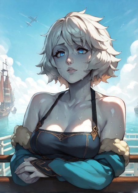 <lora:NAHIRI:1> nahiri, 1girl, solo, short hair, breasts, bare shoulders, white hair, colored skin <lora:RD-MAnon-XLV1.1:1>, fantasy,  cold weather, warm clothes, laying against ship railing, sky, wool trimming, white skin, blue eyes,, source_anime, score_9_up,  score_7_up, score_8_up