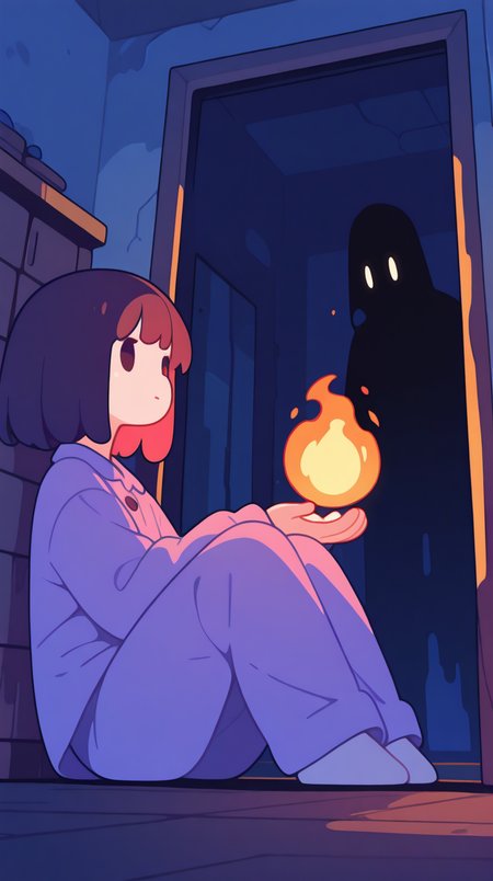 Flatline, Flat vector illustration, haiz_ai,, describe a picture of a woman wizard sitting in pajamas, in the corner of a child's room, by night. she holds a fireball in his hands, and this is the only source of light in the room. it casts frightening shadows, gloomy mood. low angle shot, dystopian dark ambiant, masterpiece, high_quality, highres,, masterpiece,best quality,amazing quality,