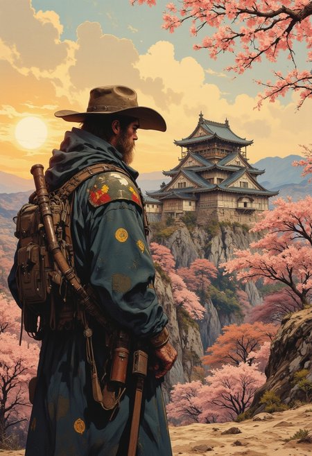 electro_style, cowboy shot, masterpiece, best quality, newest, absurdres, highres, by an ancient japanese edo castle, sunset, ink artwork, sharp color, sakura trees in the background,
moon in background