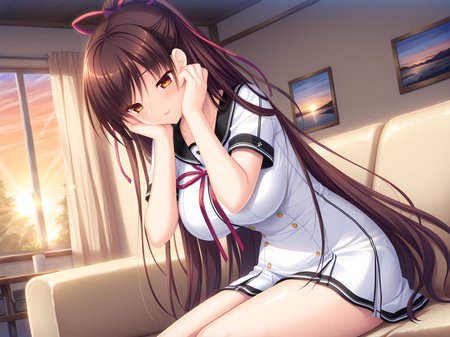 itsuki miyu,large breasts,:o,living room,on couch,sitting,leaning forward,hands on own cheeks,smile,looking down,base outfit,dappled sunlight,morning,sunrise,light rays,kinmedai pink,<lora:Itsuki_Miyu:0.8>,, masterpiece, best quality, amazing quality, very aesthetic, absurd, newest, detailed eyes