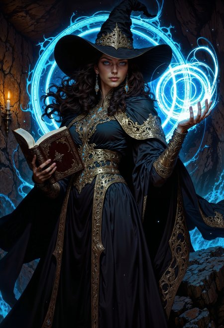 a digital artwork in a fantasy style, featuring a young woman with long, flowing black hair and pale skin, dressed in a dark, flowing witch's dress adorned with gold trim. She wears a large, pointed black hat and holds an ornate, open book in her left hand. Her right hand is raised, conjuring swirling, glowing blue magical circles around her. The background is a dark, rocky cave with a single lit candle on the wall, casting a warm light. The image is dynamic, with the woman seemingly floating mid-air, captured from a slightly low angle to emphasize her magical prowess. <lora:FluxMythV2:0.6> <lora:ck-painterly-fantasy:0.6> <lora:flux.1_lora_flyway_Epic-detail_v2:0.5> <lora:RetroAnimeFluxV1:0.7>