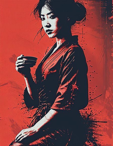 impactful paint of a beautiful geisha serving tea, highly detailed, professional painterly, high contrast, oversaturated, deep blacks, color splashing, 4k, uhd, masterpiece