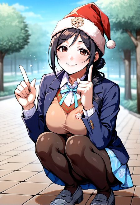 IllustriousQual <lora:StS-Illustrious-Detail-Slider-v1.0:2> <lora:cfg_scale_boost:0.3> <lora:Nog_Ops_IL_V1:1> NogOpsIL, santa hat, snowflake, black hair, braid, brown eyes, dark skin, fingerless gloves,detailed_background,outdoors,grey footwear,dot nose,large breasts,breasts,shoes,loafers,black pantyhose,pantyhose,hair bun,neck ribbon,skirt,blue eyes,index finger raised,idolmaster,school uniform,long hair,hatsuboshi gakuen school uniform,sweater vest,blazer,blue skirt,smile,blue ribbon,blue jacket,ribbon,squatting,gakuen idolmaster,white shirt,dddd akagi,brown hair,shirt,brown sweater vest,highres,closed mouth,solo,long sleeves,jacket,looking at viewer,blush,himesaki rinami,1girl