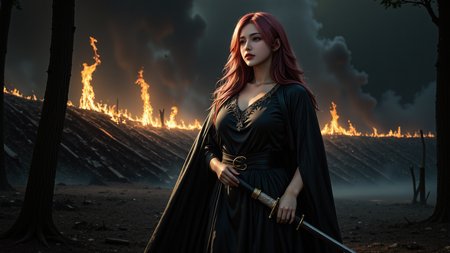 a long pink and wavy-haired woman with fair skin and a voluptuous figure,dressed in a black,medieval-style gown and cloak. She holds a katana with a sheath,standing in a dark,smoky forest with burning structures in the background. The scene is dramatic,with warm flames contrasting the dark,ominous atmosphere. The woman's expression is determined and intense,suggesting a heroic or warrior role.,<lora:yuukananri-base-02-flux:0.8>,yuukananri,she has a slender physique and a petite build,<lora:aidmaMJ6.1v0.4:0.6>,aidmaMJ6.1,
