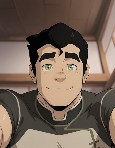 masterpiece, best quality, amazing quality, <lora:Bolin_IL:1>, Bolin-ARAI-IL, 1boy, solo, male focus, black hair, short hair, green eyes, muscular, smile, shirt, looking at viewer, close up, <lora:cfg_scale_boost:0.4>