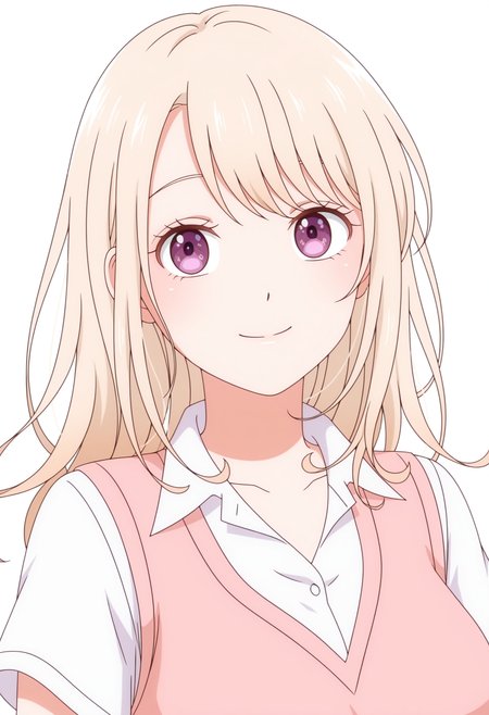 (HY)_CJ,pink sweater vest,smile,long hair,blonde hair,white shirt,collared shirt,upper body,closed mouth,looking at viewer,purple eyes,<lora:Mona KAWAII_illustrious-000030:1>,white_background,simple_background,solo