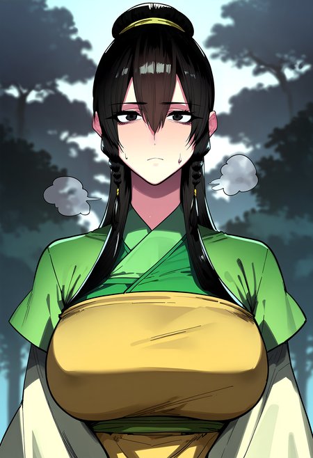 score_9, score_8_up, score_7_up, score_6_up, source_anime, rating_explicit, <lora:neg4all_bdsqlsz_V3.5:2.0>1girl, (solo:1.1), huge breasts, <lora:Jegal Suranponyxl:1> long hair, black hair, black eyes, hair between eyes, hair bun, braid, short over long sleeves, chinese clothes, layered sleeves, apron, expressionless, Narrow shoulders, heavy breathing, sweat, steaming body, forest, outdoor, looking at viewer