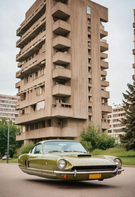 (low angle shot:1.4), an editorial photo of a 1960s (Mustang:0.6) and (Porsche:0.8) style Hovering_Car parked in front of a Soviet Brutalist style building like the Aul housing complex, highly detailed, retro futurism, clean lines, fine art photography, award winning photography, film grain,