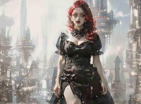score_9, score_8_up, score_7_up, full body image, environment interaction, walking, woman, pale skin, huge breasts, <lora:sm0k3XLP:1>, <lora:goth_clothes:1>, goth dress, gothic, black dress, detailed dress, black high heeled shoes, crimson red hair, black highlights, <lora:gokurakugai_pony_v1_mx:1>,  <lora:futuristic_city:1> futuristic-city,