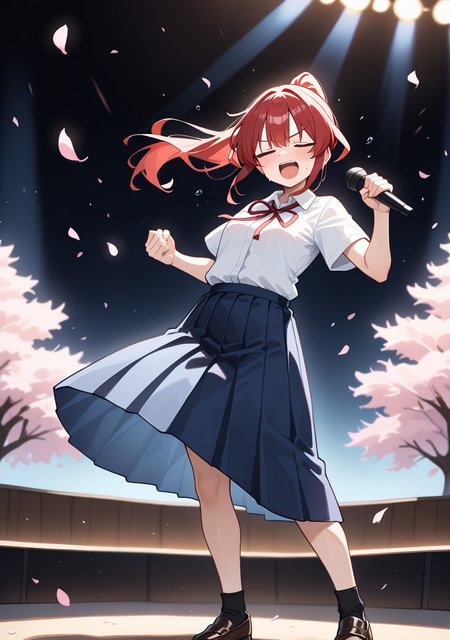 masterpiece, best quality, absurdres, perfect lighting,shiny skin,<lora:spo_sdxl_10ep_4k-data_lora_webui:0.7>,1girl,hiroe,red hair,ponytail,bangs,red eyes,tareme,<lora:hiroe_illu:1>,white shirt,collared shirt,short sleeves,blue skirt,pleated skirt,long skirt, school uniform,red neck ribbon,black socks,loafers,singing,holding microphone, looking down,head down,fist,open mouth,sweatdrop,sweat,blush,cherry blossoms, wing,floating hair,enthusiastic singing,closed eyes,