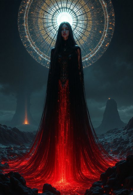 　Exiled celestial queen, a vision of sorrow and ethereal beauty. Cowl of darkness shrouds her face, revealing only eyes reflecting the sadness of dying stars, crimson lips whispering a forgotten dream.  Gown of data streams flows around her translucent form, glowing circuitry pulsing beneath. Shattered stained glass sky above a black sand planet, fiery tears falling into a crimson pool.  A haunting, beautiful symphony of light, shadow, and sorrow.
