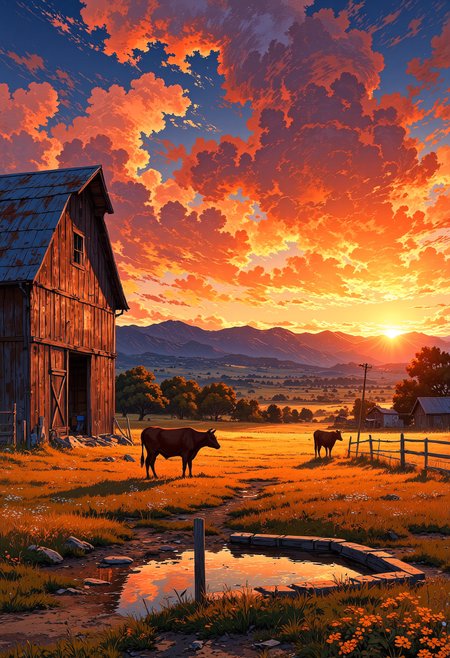 The same ranch in the height of summer, bathed in the golden light of a late evening sunset. The sky is a stunning blend of oranges, reds, and purples, casting long shadows across the dry, golden grass. The barnâs wooden planks glow warmly in the fading light. The cows are scattered across the landscape, some drinking from a small water trough. Dust rises slightly from the dirt path, indicating a warm breeze. The mountains in the distance are deep blue, fading into the horizon.