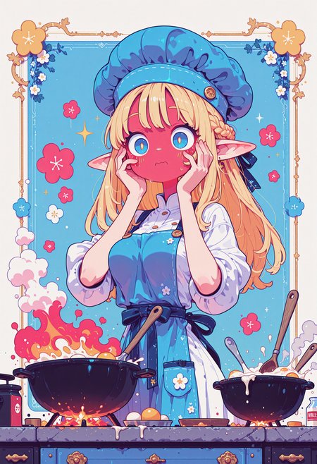 masterpiece,best quality,amazing quality, 1girl, solo, looking at viewer, simple background, haiz_ai, in the style of cknc, Flatline, Flat vector illustration,  long hair, blonde hair, braid, french braid, pretty face, blue eyes, tall elf, skinny, pointed ears, medium breasts, white dress, white shirt, girly look, girly details, blue apron, chefs hat, holding large bag, shocked, surprised, cute look, floral print background, mixing bowl, large spoon, cooking, mixing things, eggs, flour, milk, outside border, floral border, inset border, (red face:1.3), hands on face, cooking on fire, smoke, looking at fire, embarrassed face, <lora:checkpoint-e18_s306:1.5000000000000002> <lora:haiz_ai_illu:0.7000000000000002> <lora:ponyv4_noob1_2_adamW-000017:0.30000000000000004> <lora:ck-nc-cyberpunk-IL-000011:0.6000000000000001> <lora:Dark_Ghibli:0.30000000000000004>