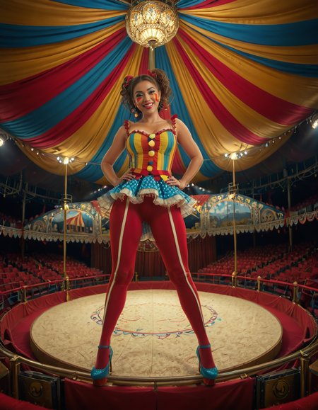 focus on woman face,rating_safe,A vibrant and colorful scene inside a grand circus tent,grand c1rcus, featuring a woman dressed as a whimsical clown. She is wearing an elaborate costume with a mix of bold patternsâred and white stripes, polka dots, and bright yellow accents. Her hair is styled in playful, oversized curls, dyed in shades of blue and pink. She is standing center stage, under a spotlight that casts a warm glow, making her sequined outfit sparkle. Her pose is dynamic and engaging, as if she is about to perform a trick or joke, with a wide, inviting smile. The background showcases the lively atmosphere of the circus, with colorful banners, a large audience in shadowy rows, and hints of other performers or props like juggling pins or unicycles. The overall lighting is bright and cheerful, emphasizing the magical, festive mood of the circus.<lora:SDXLFaeTastic2400:0.4> <lora:extremely_detailed:0.4> extremely detailed, <lora:grand_c1rcus:1>, Masterpiece,best quality,hi res,8k,hi res,8k,award winning,(sharp focus, intricate, highly detailed),