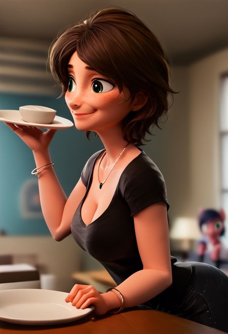 intricate details, score_9, score_8_up, score_7_up, score_6_up, score_5_up, source_anime, <lora:AuntCassBH6Pony1.0:1> auntcass, 1girl, brown hair, short hair, solo, black shirt, blurry background, bent over, taking dishes out of dishwasher, big breasts, side view, turned tward viewer,  <lora:OtherStyle_03:0.5>,  <lora:The_last_of_us_Style:0.3> <lora:pony_good_hands:1> good_hands, better_hands, 3D, cleavage, green eyes, bracelet, holding plate, smile, necklace, deep cleavage, small mouth