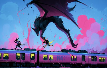 2boys, furry, streetwear, blue sky, pink clouds, steel train, running on top of train, running, dynamic pose, straight-on, from side, fantasy settings, saturated, limited palette, ink splatter, atmospheric perspective, no lineart,

n4tdat_nai, LeIsT0_illu, masterpiece, best quality, very absurdres, very awa,