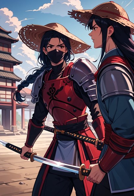 score_9, score_8_up, score_7_up, strawhat, conical hat, 1boy, a heavily armored samurai with shoulder armor and a straw hat, holding a giant katana sword in both hands, ready to fight, asian, long hair, low braid, roninwarriors,  samurai facemask, (monolid:1.3),