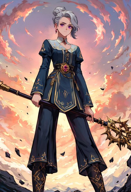 (score_9, score_8_up:1.1), score_7_ up, highly detailed, , zPDXL, ((1 girl,)) slender, petite ,Stoneshaper elven wizard, rock manipulation, long grey hair tied back in a bun, piercing purple eyes, form-fitting red and black robes, wielding a staff imbued with rock magic. she wear Coarse woolen cloaks, dull colours, cheap materials, lower classes. ,  dynamic pose, detialed background
, masterpeice, detailed, intricated details, 8k, ultraclear <lora:detailed_notrigger:1>, wide angle, detailed scene, detailed faces, perfect quality, tranding on artstation, incredible details , Painstaking Attention To Details ,  <lora:OMG-Is-DucHaiten_v1.0:1> ziprealism