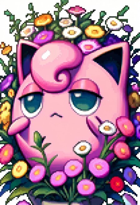 score_9, score_8_up, score_7_up,
source_anime,
BREAK 
jigglypuff_(\pokemon\), pokemon_(creature), pink body, circle body, big ears, pink hair, big eyes, green eyes,
smile,frown,
half closed eyes,
closed mouth,
BREAK 
fedsportraits, portrait, white background,
flower,