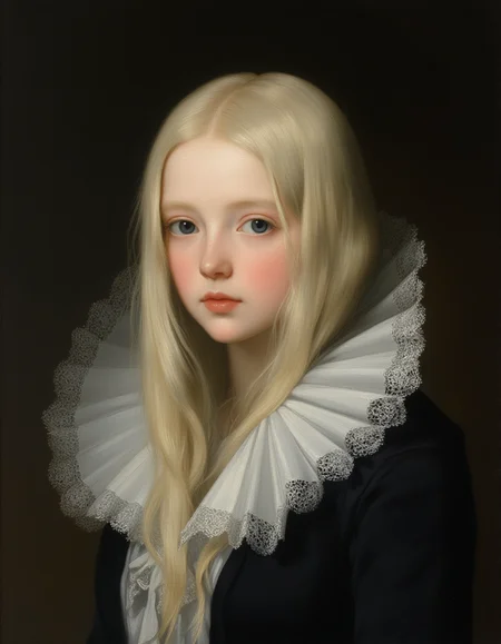 Minimalist oil painting a pale gothic 12 year old Vampire princess, inside a medieval church, Her body is skinny and petite. Translucently white hair, long blond hair, and blue eyes. She is wearing a Dutch dress with a white ruff collar. Gothic overtones, brush strokes, warm light, magic, extremely coherent, cute, beautiful, cinematic, stunning, creative, positive, cheerful, unique, cool, inspiring, pure, rational, very inspirational, friendly, thought, glowing, magical, perfect, intricate, wonderful, lovely, novuschroma, del1cate_balance style, in the style of Rembrandt. FS, vantablack <lora:style_of_Rembrandt_FLUX_135:.8> <lora:- Flux1 - vanta_black_V2.0:.8> <lora:Delicate_Balance:.3> <lora:neeeg_f1:-1> <lora:113_novuschromaFLX_1:.2> <lora:FS_v2:.5> <lora:Midjourney_Whisper_Minimal:.4>
