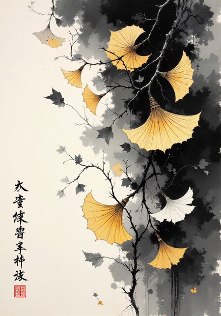Poetic sumi-e with meticulously rendered gingko leaves cascading across washi paper, embodying the concept of mono no aware. The traditional ink wash technique creates a gradient from deep black to misty gray, with negative space suggesting autumn wind. Gold leaf accents catch imaginary light, while asymmetrical composition draws the eye through bold brush strokes and delicate detailing. Minimal red seal marks anchor the lower corner, balanced by calligraphic kanji suggesting impermanence. The scattered leaves display deliberate imperfections celebrating wabi-sabi principles, some rendered with a single masterful brushstroke, others with textural dry-brush technique. Subtle indigo undertones evoke twilight transitioning to evening, capturing the melancholic beauty of nature's transitional moments through the philosophical lens of yugen. <lora:aidmaFLUXPro1.1-FLUX-v0.3:0.7> <lora:ck-charcoal-drawing-000014:0.5> <lora:Niji B:0.7> <lora:bm-goth_epoch_1:0.3> <lora:flux_ptchkrawk:0.1> <lora:flux_dev:1>