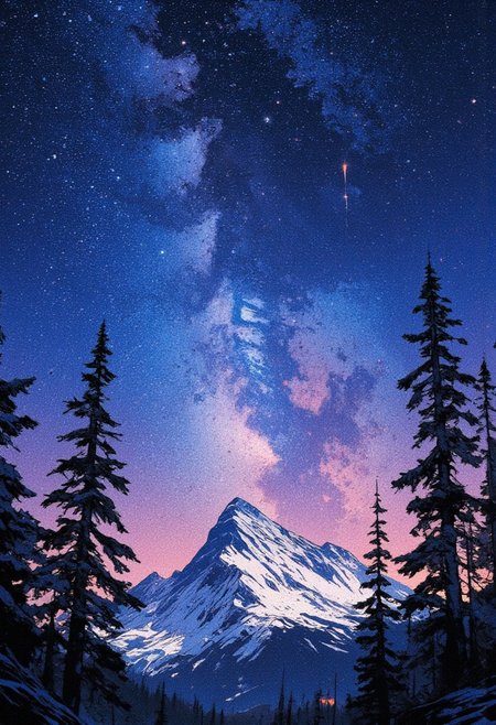A breathtaking night-time landscape featuring a clear, star-filled sky with the Milky Way stretching across the heavens in brilliant detail. The stars twinkle vividly against the deep indigo and violet hues of the night sky, with two shooting stars streaking across the vast expanse. Below, towering evergreen trees stand silhouetted against the cosmic glow, their dark forms framing the celestial spectacle. Snow-covered mountain peaks rise in the background, faintly illuminated by the soft ambient glow of distant light pollution, adding depth and scale to the scene. The atmosphere is serene and awe-inspiring, evoking a sense of wonder and solitude in the heart of nature. The art style is semi-realistic with a painterly touch, focusing on intricate details in the stars, atmospheric gradients, and the natural beauty of the untouched wilderness.
,  anime, cyberpunk