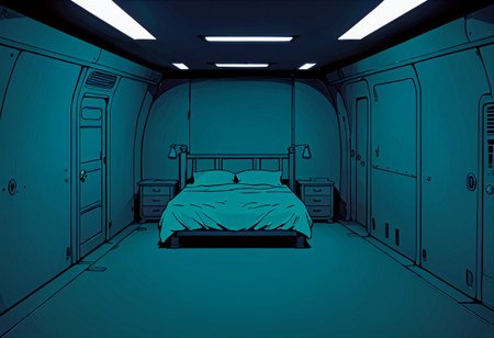 ship's master bedroom with four blank walls, underground, full color, vivid colors, no windows, thick lines, solid walls, clean and tidy, old room, furnished king-size bed, ship bedroom, grunge, anime screencap in vwst artstyle, lineart, flat colors, high-definition 8k, best quality, high quality, ultra-detailed, vector, simple details, outlines