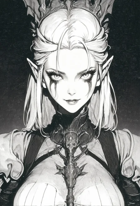 score_9, score_8_up, score_7_up,  1girl, cute face, large breasts, thick eyeliner, makeup, eyelashes, white hair, long hair, mid parted hair, looking at viewer, tiefling warrior queen, dark background, gothic castle, black and white, smirk, horns  <lora:xenotrip13:1> xenotr1p