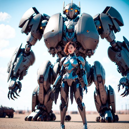 photo, a woman in a body suit standing in front of a giant robot (MechAssassin style:1) <lora:djzMechAssassinV21:0.8>
