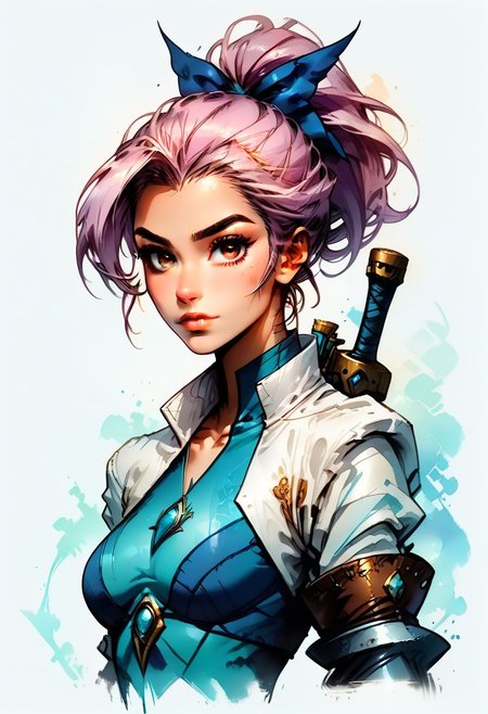 Faded Headshot, faded bottom, faded edges ,score_9,score_8_up,score_7_up,score_6_up,score_5_up, rating_safe,
1girl, jericho, \(Seven Deadly Sins\),(ultra HD quality details), lavender hair, brown eyes, hair bow, ponytail,
weapon on back,
blue dress, mini skirt, cropped jacket, gauntlets, fingerless gloves, thigh boots,
beautiful, centered, looking at the camera, approaching perfection, dynamic, moonlight, highly detailed, watercolor painting, artstation, concept art, smooth, sharp focus, illustration, portrait, close up
medium breasts,
