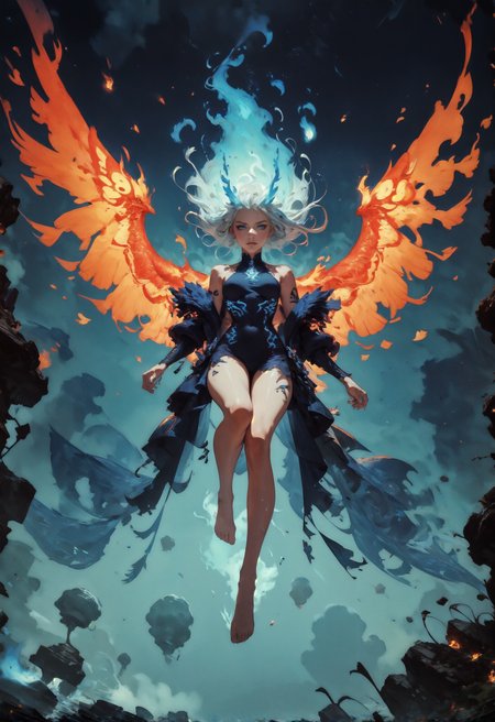 score_9, score_8_up, score_7_up, score_6_up,  1girl, (solo), white hair, female phoenix, floating, flying, blue fiery wings, blue inferno, blue fire, blue flames, lava made, translucent, fantasy, glowing, barefoot, knva, halftone effect, Expressiveh  <lora:sinfully_stylish_SDXL> <lora:add-detail-xl:1> <lora:xl_more_art-full_v1:0.7> <lora:Kenva:1> <lora:Concept Art Twilight Style SDXL_LoRA_Pony Diffusion V6 XL:1> <lora:Expressive_H-000001:0.8>