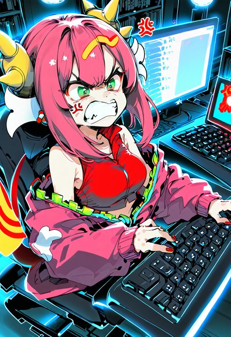 (score_9:0.9),score_8_up,score_7_up,rating_safe,unaestheticXL_3x3,anime style,(zPDXL), <lora:Live twin ponyXL v1:1>, 1girl, medium breasts, Ki sikil, red tail, pink jacket, red cropped vest, pink sneakers, bandaid on knee, black bike shorts, hair ornament, <lora:inori-meme-pony_last:2>, hand on keyboard \(computer\), angry, upper body,