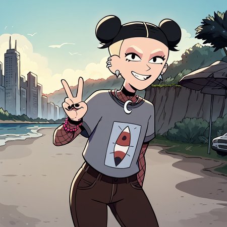 score_9, score_8up, score_7up, score_6up, 1 girl, , double bun hair, solo, ear piercings, moon symbol necklace, black eyes, blonde eyebrows, brown pants, black hair, pink bracelets, fishnet under shirt, cowboy shot, peace sign, city streets, looking at viewer, smiling, eyes half lidded,
outdoors, beach , sunny day, overcast, leaning back, front view