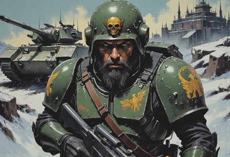 The image is a digital painting depicting a rugged,brutal bearded man in a warhammer 40k military uniform. He is wearing a green helmet adorned with a shiny golden emblem featuring a skull and wings, suggesting a connection to a specific military unit or faction. The helmet has a visor, which is slightly raised, revealing his intense expression. Snowflakes are visible in the air, indicating a cold, wintry environment. 
The man's armor  is predominantly green and scratched , suggesting he is experienced warrior. He carries a large, black rifle slung over his shoulder, and the barrel pointing towards the left side of the image. His face is covered with a thick beard with scar across her cheek, and his piercing blue eyes are focused intently forward, conveying a sense of steadfastness and fury.
The Cadian insignia on his worn armor gleams amidst the dirt and grime.
The background features a battle tank with large, snow-capped advanced military base in the distance. The snow is falling heavily, creating a sense of urgency and isolation. The colors in the painting are muted and cold, with shades of green, grey, and white dominating. The overall mood is one of tension and resilience in a hostile environment. colorful, vibrant colors,color contrast,light particles, high saturation,deep rich colors,vivid colors,shimmer,dramatic,centered,depth of field,directional lighting,godrays,low angle,(close-up),warhammer 40k universe, ultra detailed,