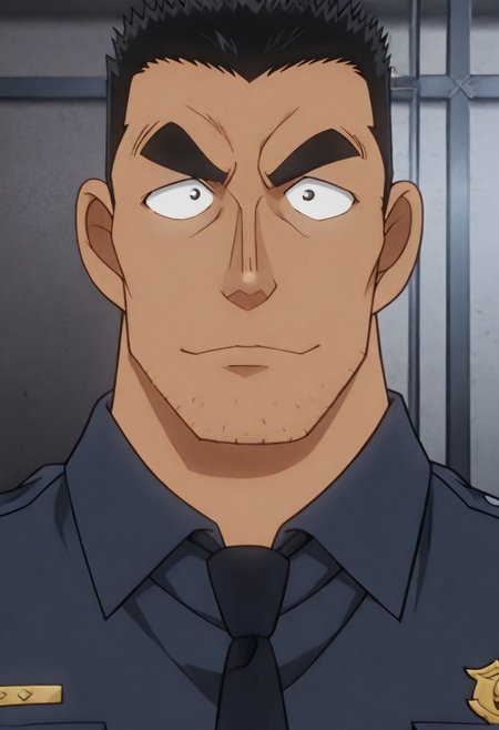 Anime, quality,high quality,masterpiece,extremely detailed,correct anatomy,best aesthetic, detailed face, (EyesHD), (solo), 1man, mature_male, crew cut, (solid pupils:1.5, black short hair, Date Wataru ), tanned skin, puffy nipples, big taller_male, (police uniform, confident face, looking at viewer), on the city street