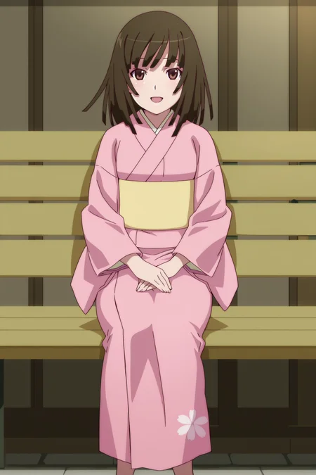 anime screencap, anime coloring, detailed face, masterpiece, best quality, very aesthetic, absurdres, volumetric lighting, official style, amazing quality, ultra detailed,  highres, amazing quality, scenery, beautiful detailed hair, beautiful detailed eyes,
 <lora:Nadeko_Sengoku_Monogatari_Series:1>
outside, at a Japanese festival,
girl is 18 years old, mature girl, Nadeko pink kimono (outfit), Nadeko Sengoku (character), 1girl, sengoku nadeko, solo, kimono, japanese clothes, pink kimono, sitting, brown eyes, brown hair, long legs, legs, black hair, on a bench, looking at the viewer, :D, happy girl