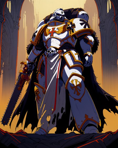 Anime Illustration, full body, Space Marine, white scars legion, portrait, standing. He is holding 40kchainsword. He is wearing a dead  white helmet, intricate dead  white armor, gold trimmings, cross detailing, tabard, torn cape, gauntlets, black fur, plate armor, dead  white full armor, panoply,  gothic architecture,  background, extremely detailed, absurdres, masterpiece, cel shading,
<lora:Astartes:0.8>  <lora:add-detail-xl:0.8>  <lora:Bad_Hands_lora:0.8>    <lora:Chainsword_-_Warhammer_40000_SDXL:0.8>