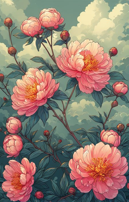 masterpiece,best quality,<lora:tbh43-sdxl:0.9>,illustration, decaying peonies