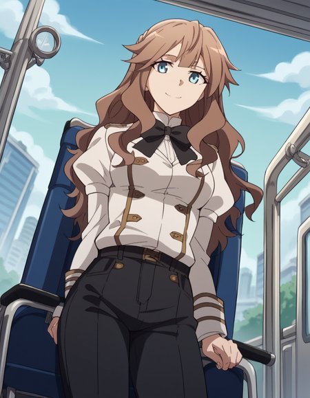 score_9, score_8_up, score_7_up, source_anime, <lora:fiore-forvedge-yggmillenia-apocrypha-s1-ponyxl-lora-nochekaiser:1>, fiore forvedge yggdmillennia, long hair, blue eyes, brown hair, sidelocks, medium breasts,, long sleeves, bow, pants, bowtie, uniform, black bow, chair, black pants, white jacket, wheelchair, train station, waiting for train, suitcase, traveling, commute, city skyline, hands behind back,, smile, from below, looking at viewer, solo,, dutch angle, cowboy shot