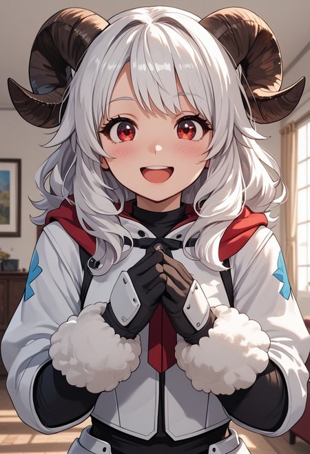 score_4,score_5,score_6,score_7_up,score_8_up,score_9 ((masterpiece,best quality,ultra detailed,highres,HD,4k:1.2)), 
1 cute girl,solo,girl focus,solo focus,face focus,
indoors,
sheep horns, fluffy hair, long hair, white hair,red eyes,
hood, Hood down,white armor,gloves, red boots,pants,fluffy socks,
looking at viewer,
smile,happy,open mouth,blush,