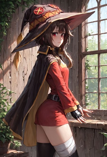 score_9, score_8_up, score_7_up, ((masterpiece)), ((best quality)), 8k, high detailed, ultra-detailed, (((anime))), SFW, 1girl, perfect eyes, cinematic lights, 50mm photographic, very hand detailed, red sparkles, red particles on character corner, ((Megumin)), short hair, sidelocks, brown hair, red eyes, small breasts, fingerless gloves, bandaged leg, black gloves, witch hat, black belt, red dress, short dress, asymmetrical legwear, black collar, black cloak, black hat, black thighhighs, angry, ((preparing a spell with character hands)), ((magic spell on hands)), magic, fire sparkle, wind slashes, side conjuring a spell, ((side view)), ((explosion effects)), sparks, light rays, dramatic lighting
BREAK,
medieval background, wall wooden door, wall of rocks, centinel, green bushes, ancient castle in ruins, stone walls covered in vines, broken windows,