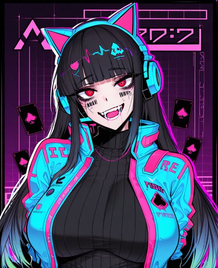 <lora:ace_glitch-000023:1> ace_glitch,
(masterpiece), (best quality), (ultra-detailed), amazing quality, very aesthetic, illustration, perfect composition, intricate details, absurdres, incredibly absurdres, shiny skin, realistic,
 ace_glitch, 1girl, breasts, black hair, facial tattoo, barcode, long hair, barcode tattoo, red eyes, animal ear headphones, solo, fake animal ears, tattoo, animal ears, large breasts, headphones, open mouth, , blunt bangs, jacket, cat ear headphones,  card, gloves, sweater, card, turtleneck sweater, turtleneck, ribbed sweater, looking at viewer, upper body, smile, black sweater, cyberpunk, hair ornament, facial mark, sensitive