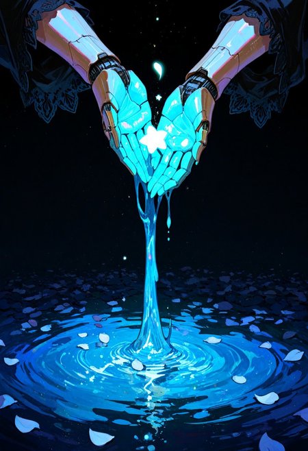 (buchi \(qooo003\), aleriia v, tonton, kyu yong eom:0.9),, masterpiece, newest,absurdres,very awa, solo, 1girl, (mudra:1.2), outstretched hands, closeup, cyborg, jacquard, holding water, intricate detail, iridescent, glowing,,mcnm BREAK (melting:1.1), (magical barrier), light particles,petals on liquid,  (blending:1.2), abstract background,