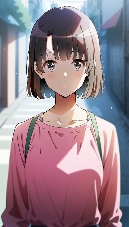score_9,score_8_up,score_7_up,
<lora:megumikato:0.9>,
megumikato,
1girl,solo,black hair,bangs,short hair,brown eyes,looking at viewer,pink shirt,
portrait,front view,
blurry background,vignetting,bloom,lens flare,light particles,street,