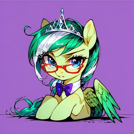 green wings, silver tiara, blue eyes, pony, solo, bowtie, source_anime, violet starlight, score_8_up, tiara, detailed background, happy, dark green hair, wings, flying, thinking, lineart_style, zpdxl2, bow tie, eyebrow raised, sitting, score_9, bow, glasses, purple background