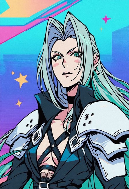score_9, score_8_up, score_7_up, asymmetrical composition, vaporwave, Lofi, Sephiroth looking board slumped on a stoop overlooking ShinRa tower, shoulder armor, stickers,