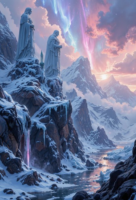 in the style of ck-ovf, A secluded village of ancient warriors, built on icy cliffs overlooking a swirling sea and surrounded by towering frozen statues of legendary Valkyries. The setting sun casts an ethereal pink and blue glow across the icy landscape, while a magical aurora shimmers overhead. Ghostly figures of Valkyries appear in the mist, lending the scene a mystical, reverent energy as their spirits watch over the village.<lora:ck-OneViolentFantasy-000021.safetensors:0.6:0.6>