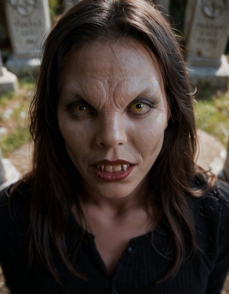 score_9,score_8_up,score_7_up,vmp,1girl,drusilla,long hair,black hair,realistic skin,From above,portrait,yellow eyes,teeth,fangs,solo focus,looking at viewer,photo,realistic,dramatic lighting,chiaroscuro,depth of field,cinematic,cemetery,standing