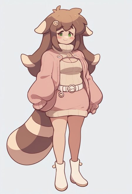 score_9, score_8_up, score_7_up, score_6_up, score_5_up, score_4_up, standing, looking at viewer, dynamic pose, simple background, 1girl, gretafurret, brown hair, hairpin, green eyes, very long hair,  solo, smile, raccoon tail, animal ears, pink jacket, yellow sweater, turtleneck, cleavage cutout, jewelry, white belt, pink skirt, white boots, belt buckle,